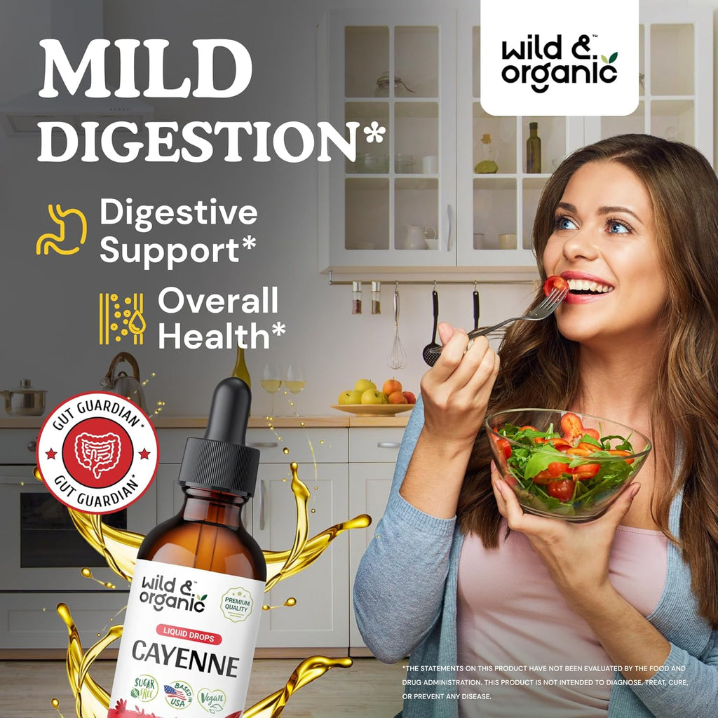 Wild & Organic Cayenne Pepper Tincture - Digestive Support with Capsaicin Extract - Cayenne Pepper Liquid Drops for Overall Well-Being - Vegan, Sugar & Alcohol-Free - 4 fl oz