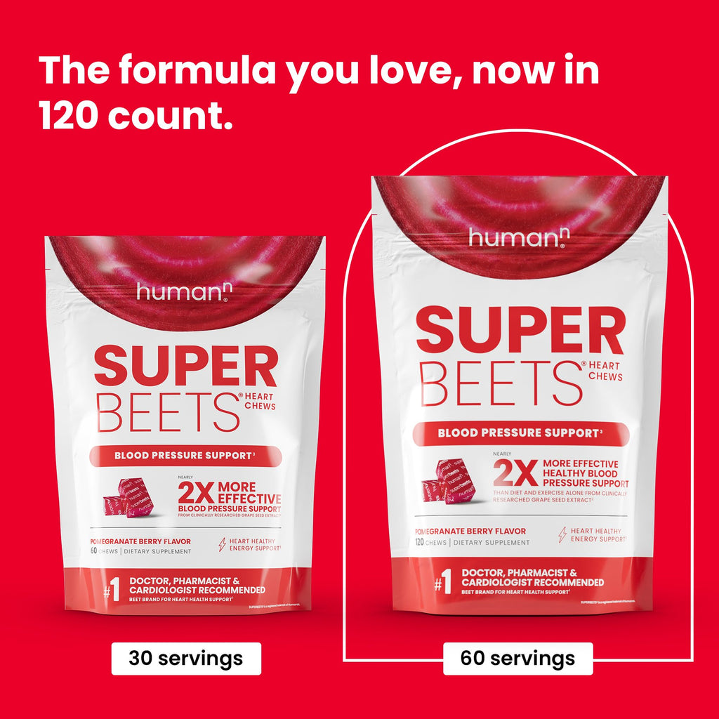 Humann SuperBeets Heart Chews, Nitric Oxide and Blood Pressure Support, Grape Seed Extract & Non-GMO Beet Root Powder Energy, Pomegranate Berry Flavor, 120 Count