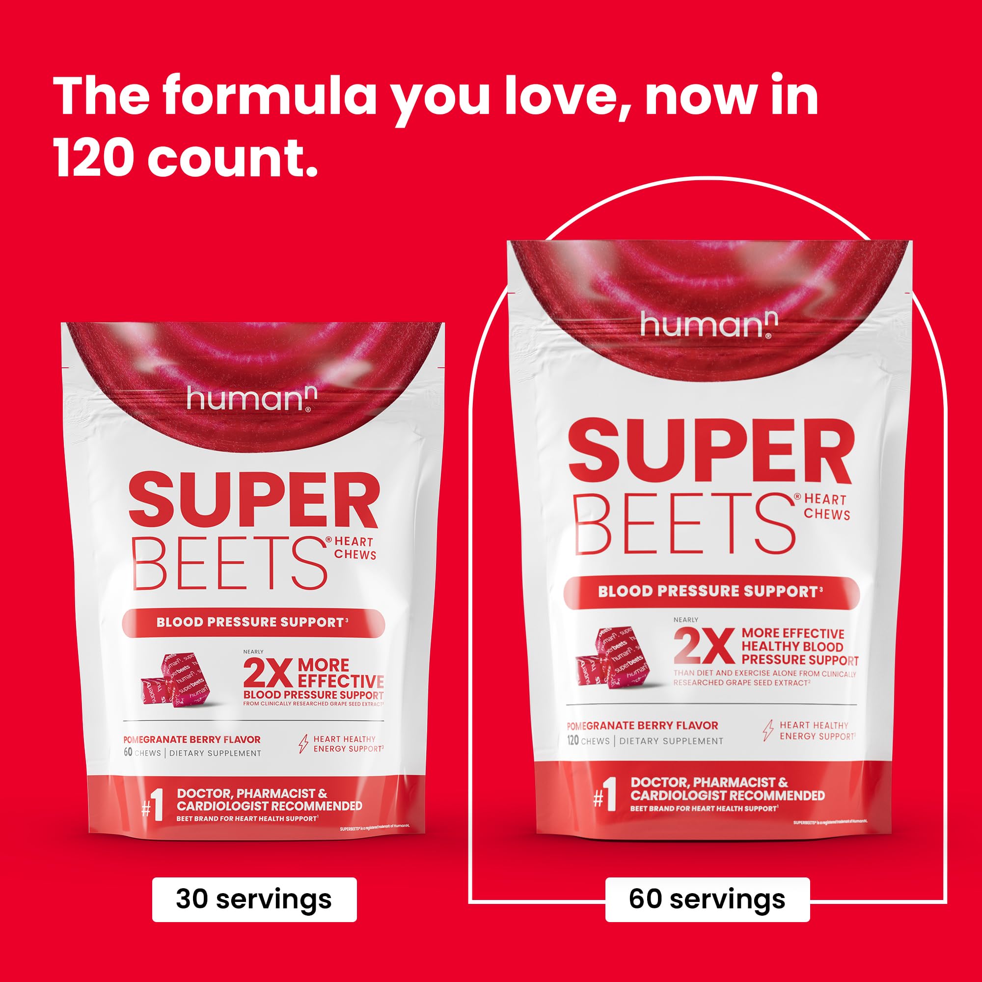 Humann SuperBeets Heart Chews, Nitric Oxide and Blood Pressure Support, Grape Seed Extract & Non-GMO Beet Root Powder Energy, Pomegranate Berry Flavor, 120 Count