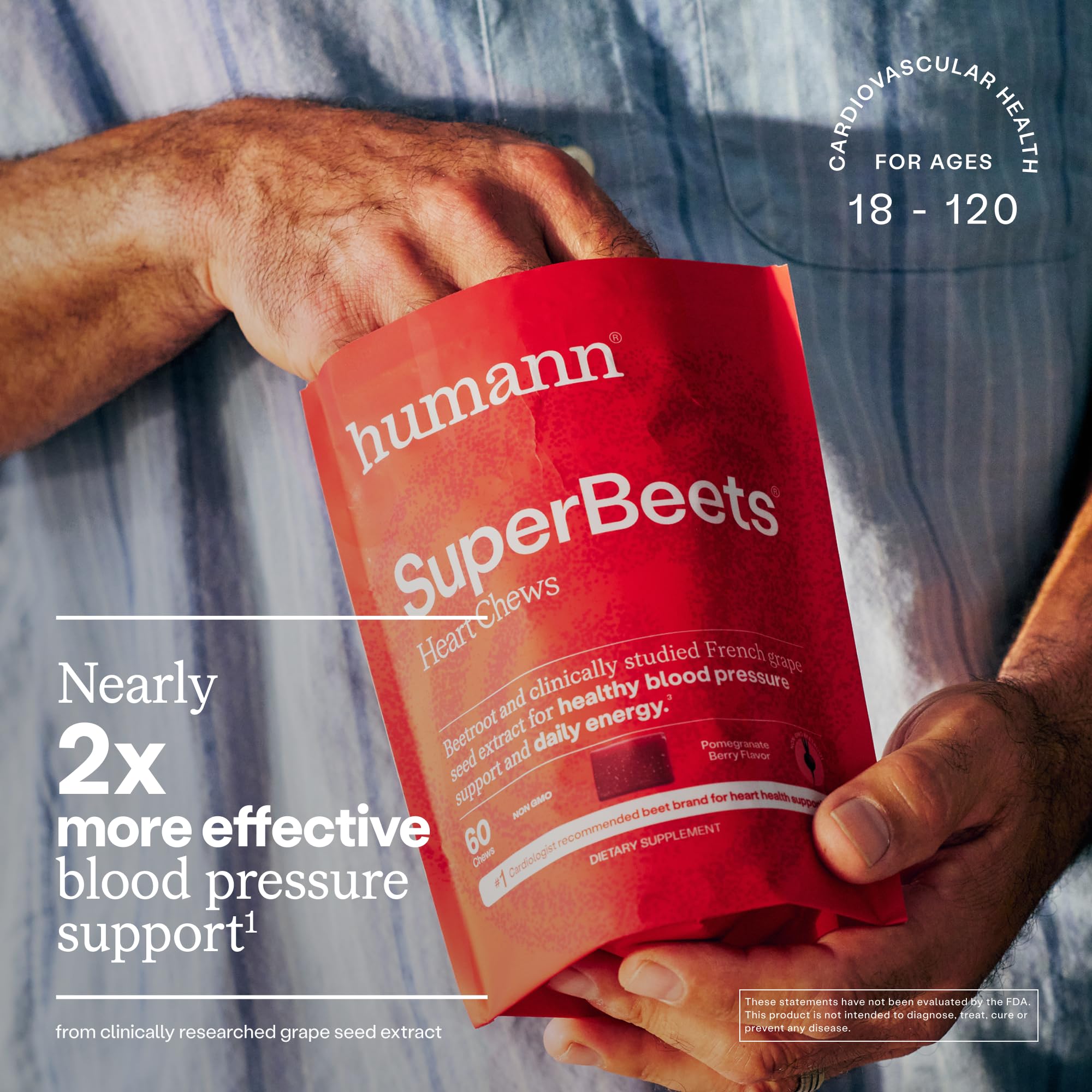 Humann SuperBeets Heart Chews, Nitric Oxide and Blood Pressure Support, Grape Seed Extract & Non-GMO Beet Root Powder Energy, Pomegranate Berry Flavor, 120 Count