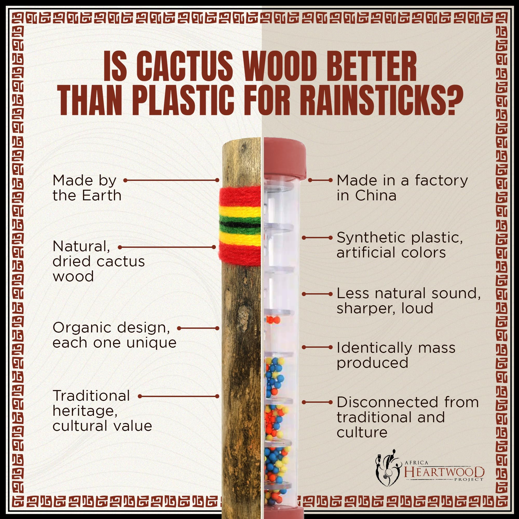 Africa Heartwood Project 20" Cactus Rainstick from Chile - Authentic Handcrafted Rain Stick Musical Instrument with Colored Yarn Wrap and Durable Sealant (Random Color)
