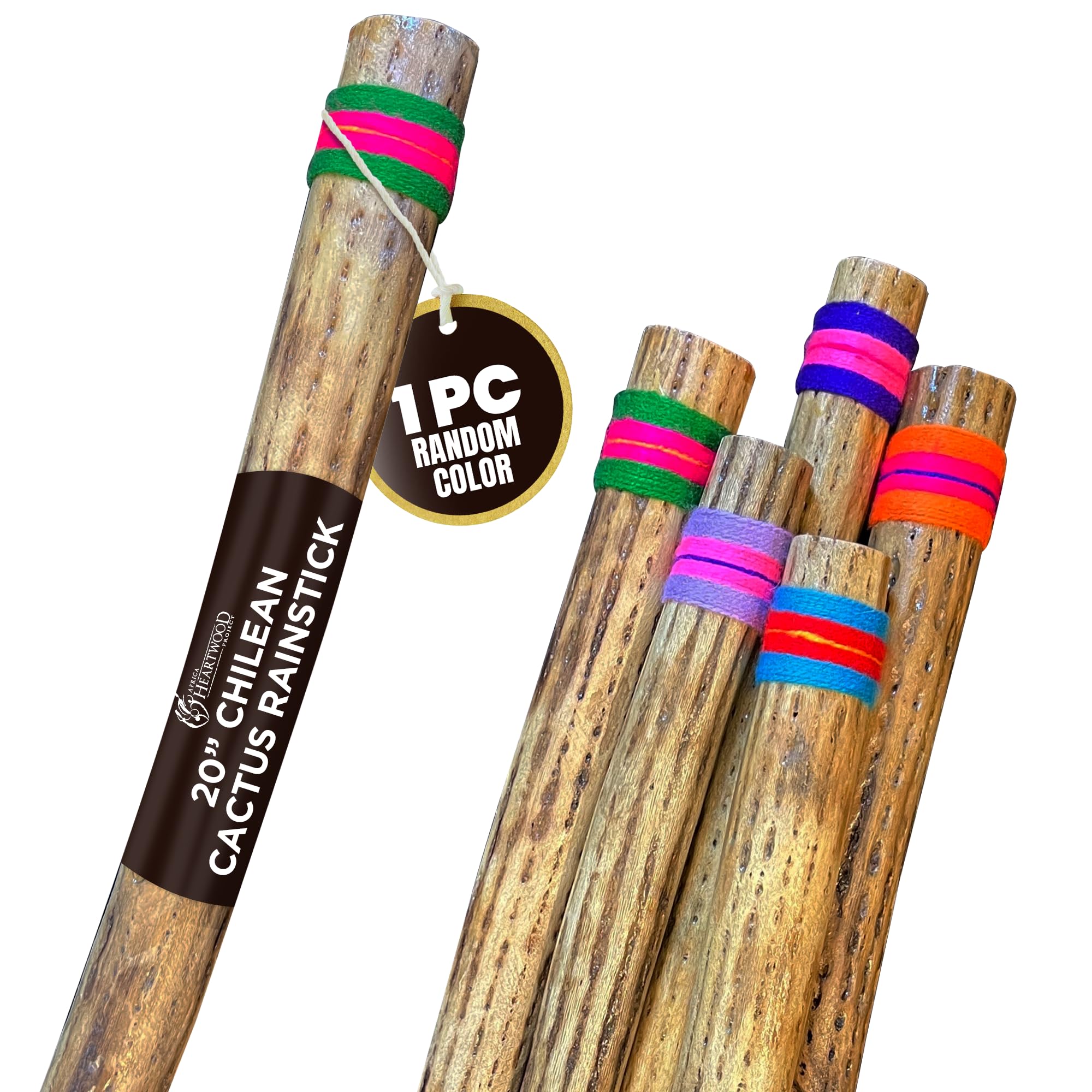 Africa Heartwood Project 20" Cactus Rainstick from Chile - Authentic Handcrafted Rain Stick Musical Instrument with Colored Yarn Wrap and Durable Sealant (Random Color)