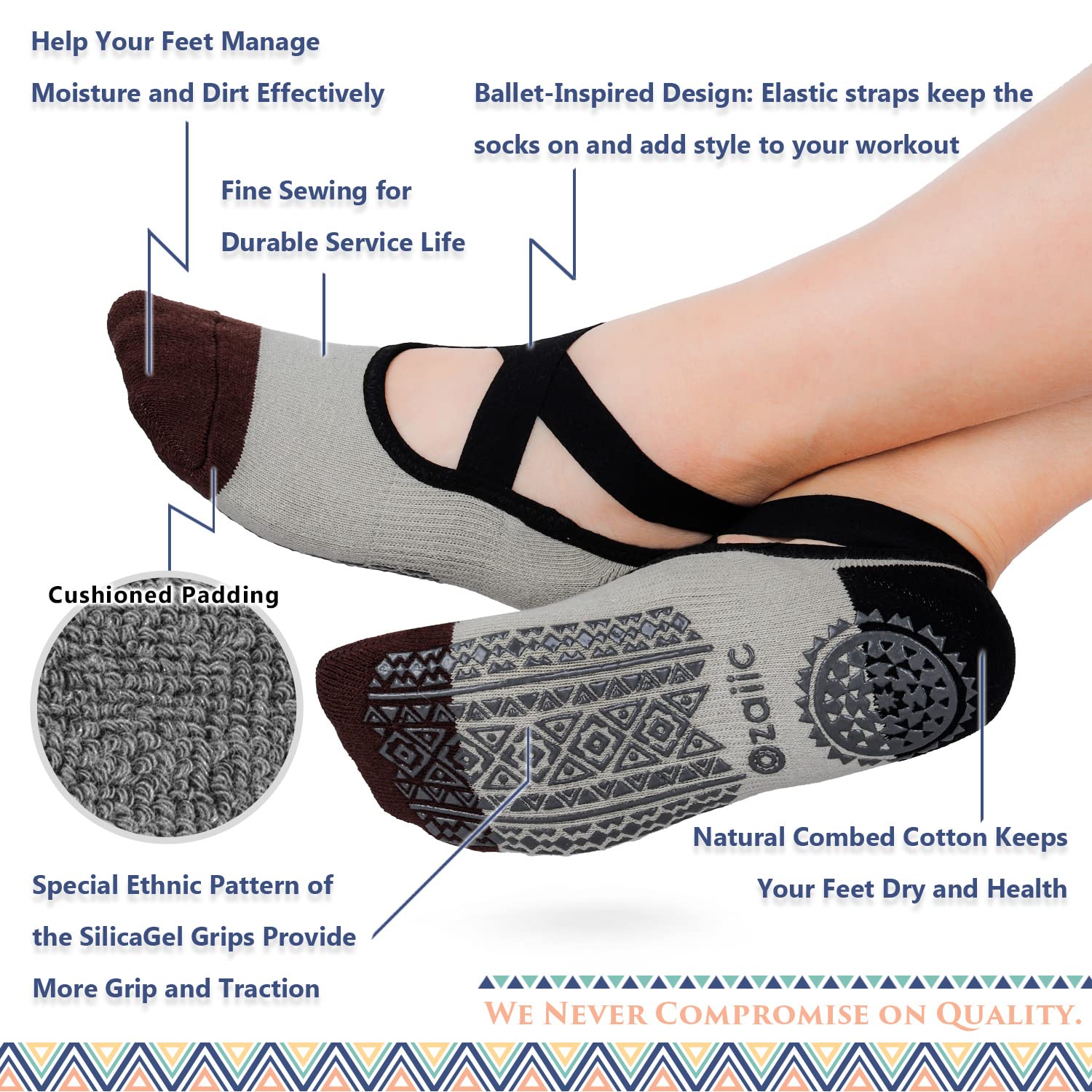 Ozaiic Pilates Socks for Women Non Slip Grip, Yoga Socks with Grippers for Barre, Hospital, Ballet, Dance, Barefoot Workout
