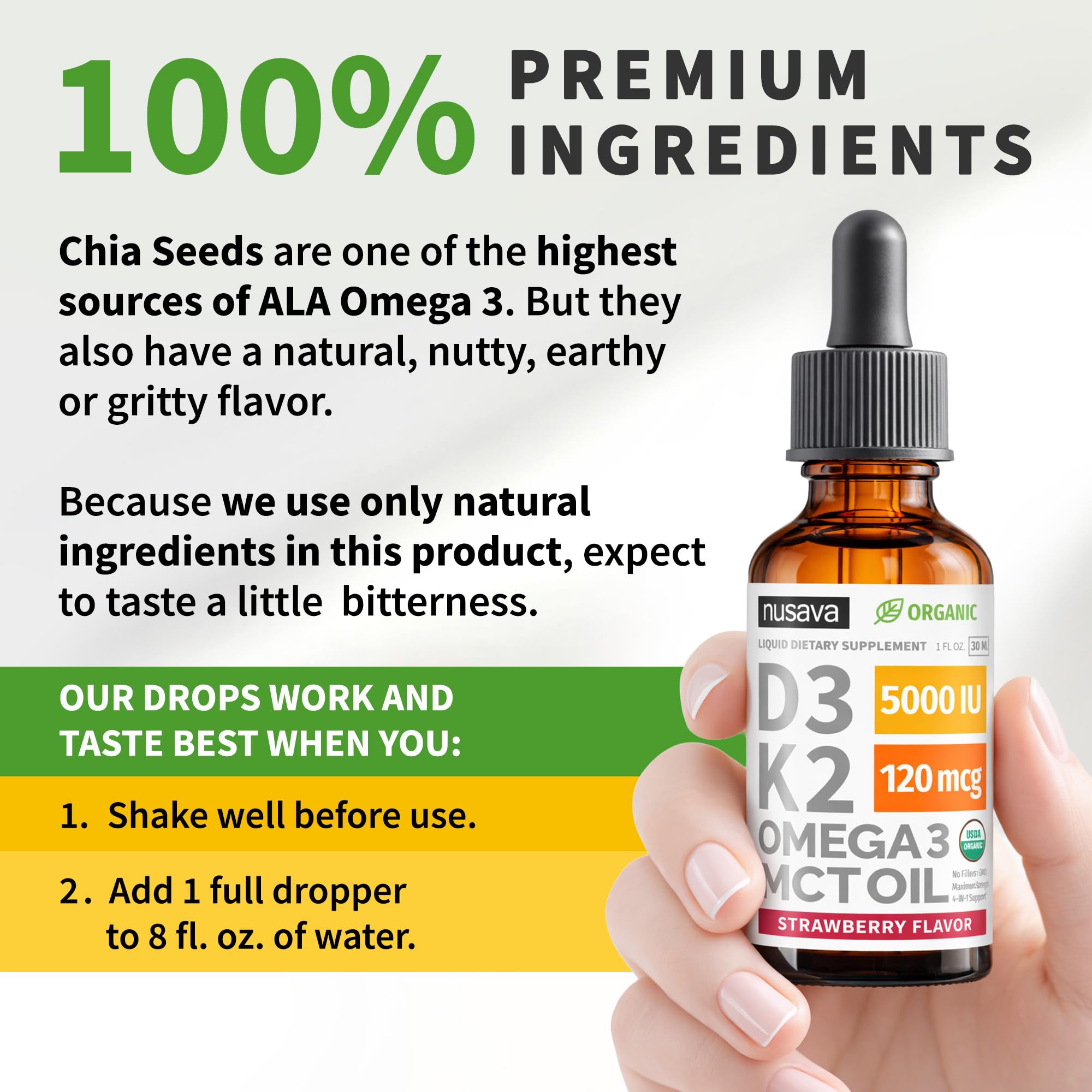 (2 Pack) Organic Vitamin D3 K2 Drops with MCT Oil Omega 3, 5000 IU, Maximum Strength Vitamin D Liquid, No Fillers, Non-GMO Liquid D3 for Faster Absorption and Immune Support (Unflavored, 2 Fl Oz)