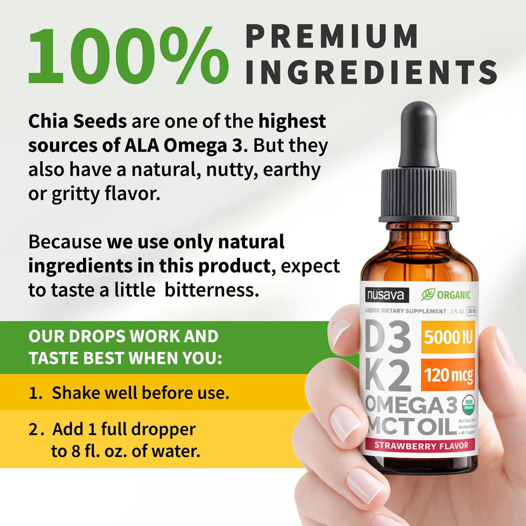 (2 Pack) Organic Vitamin D3 K2 Drops with MCT Oil Omega 3, 5000 IU, Maximum Strength Vitamin D Liquid, No Fillers, Non-GMO Liquid D3 for Faster Absorption and Immune Support (Unflavored, 2 Fl Oz)