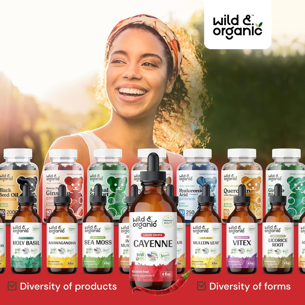Wild & Organic Cayenne Pepper Tincture - Digestive Support with Capsaicin Extract - Cayenne Pepper Liquid Drops for Overall Well-Being - Vegan, Sugar & Alcohol-Free - 4 fl oz