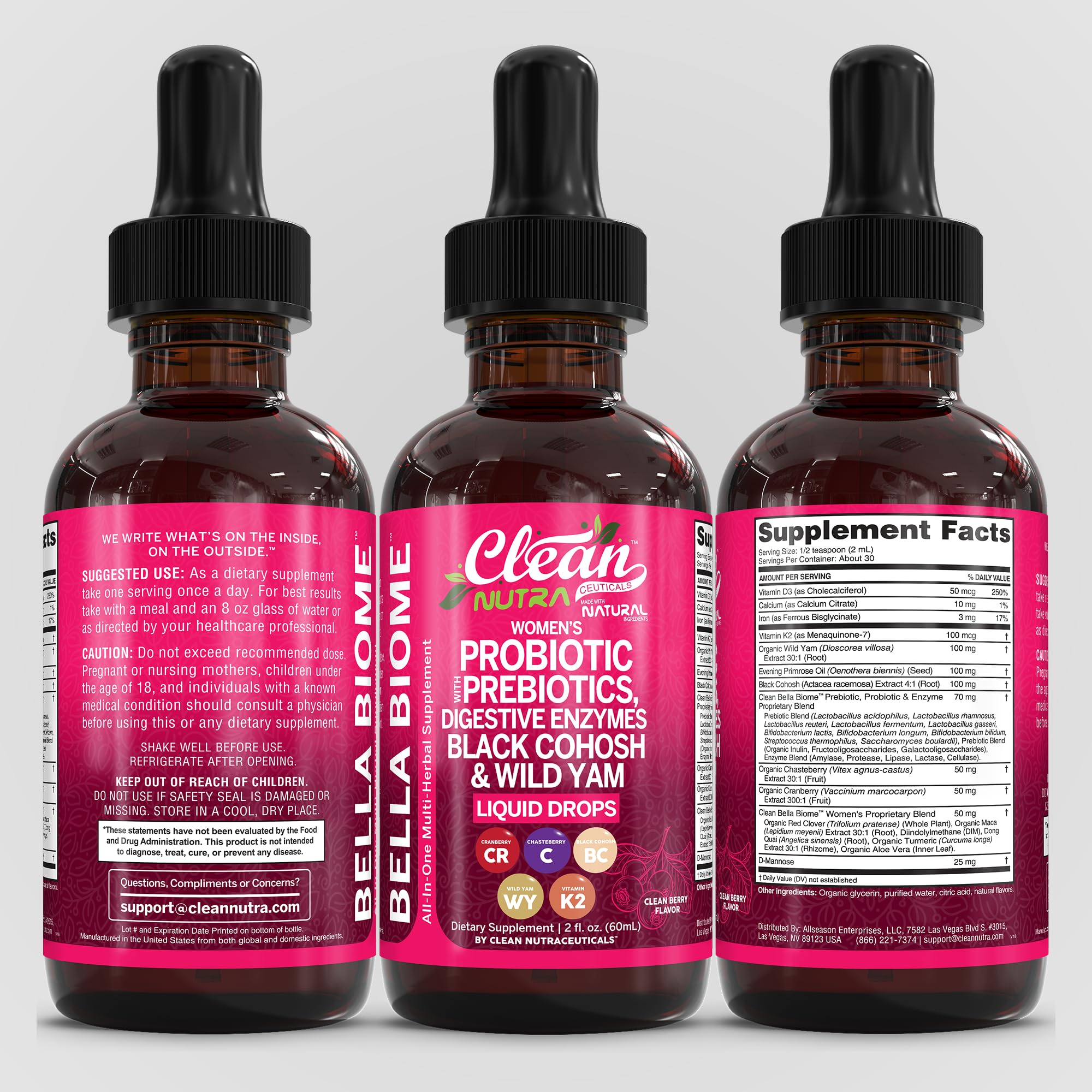 Liquid Probiotics for Women Drops with Chasteberry, Black Cohosh, Prebiotics, Digestive Enzymes, Evening Primrose Oil, Wild Yam, Cranberry Dmannose and Iron Vitamin D3 K2 Clean Nutra Bella Biotics