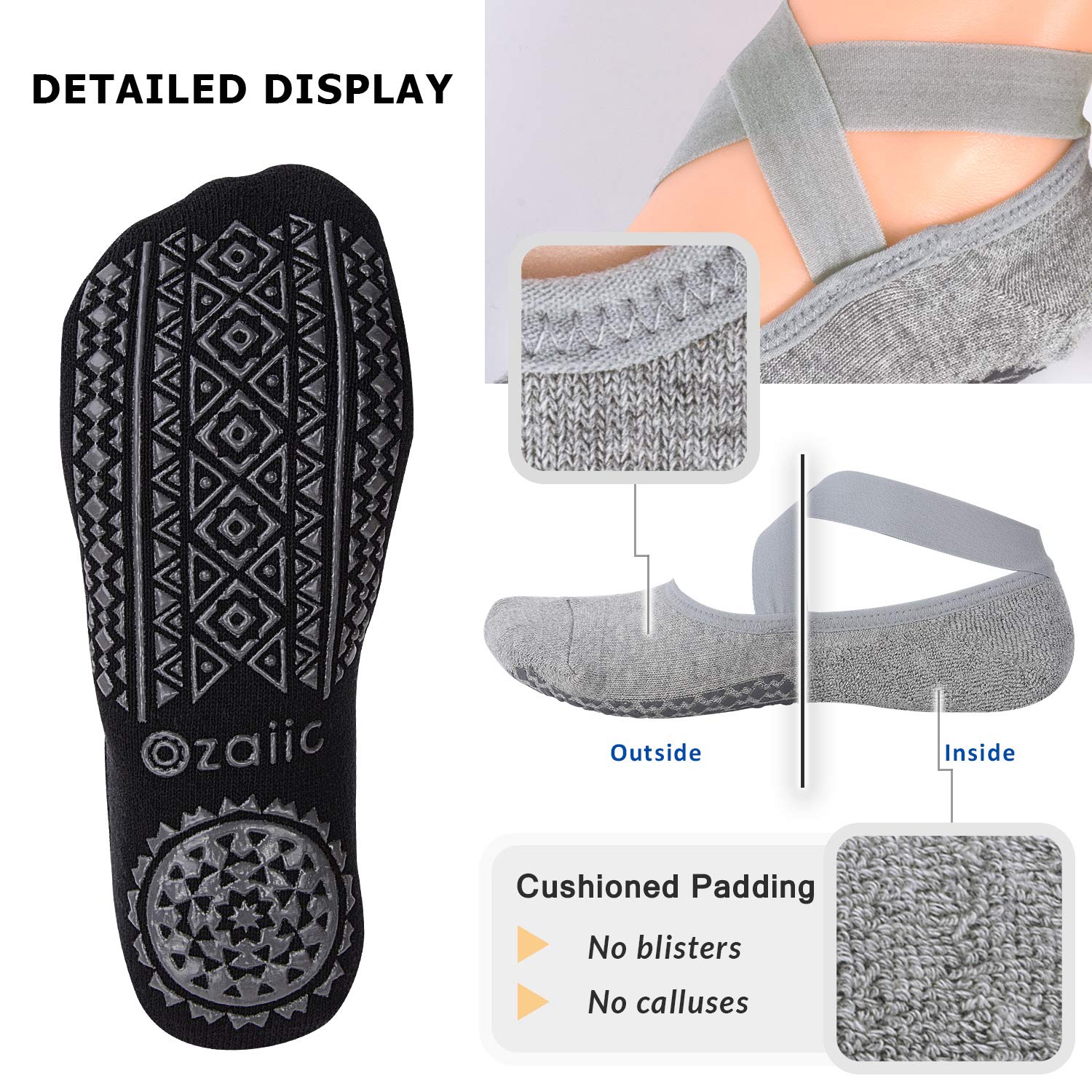 Ozaiic Pilates Socks for Women Non Slip Grip, Yoga Socks with Grippers for Barre, Hospital, Ballet, Dance, Barefoot Workout