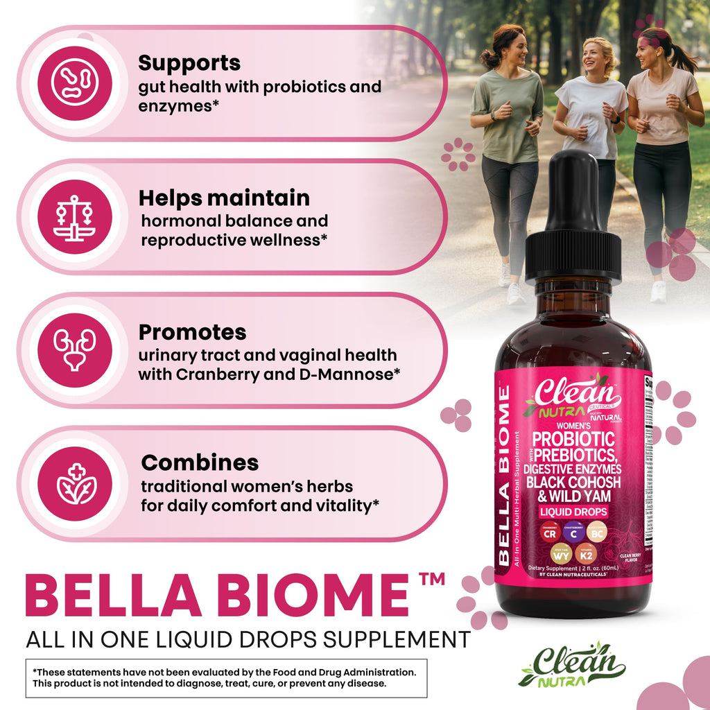 Liquid Probiotics for Women Drops with Chasteberry, Black Cohosh, Prebiotics, Digestive Enzymes, Evening Primrose Oil, Wild Yam, Cranberry Dmannose and Iron Vitamin D3 K2 Clean Nutra Bella Biotics