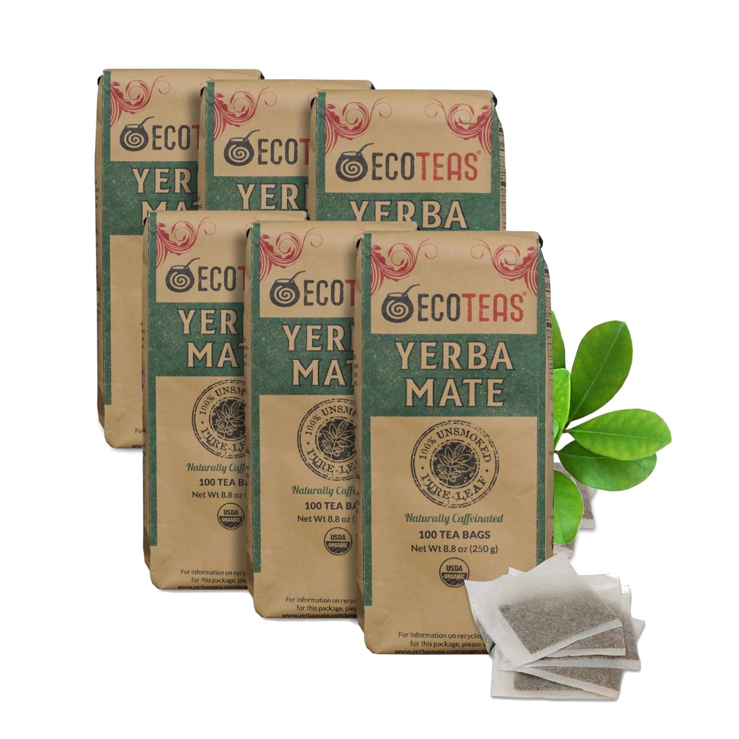 ECOTEAS Premium Organic Yerba Mate Tea Bags – Natural Energy & Detox Herbal Tea – Coffee Alternative - Kosher, Non-GMO, Gluten-Free - 100 Unsmoked Bulk Bags, 8.8 oz (Pack of 1)