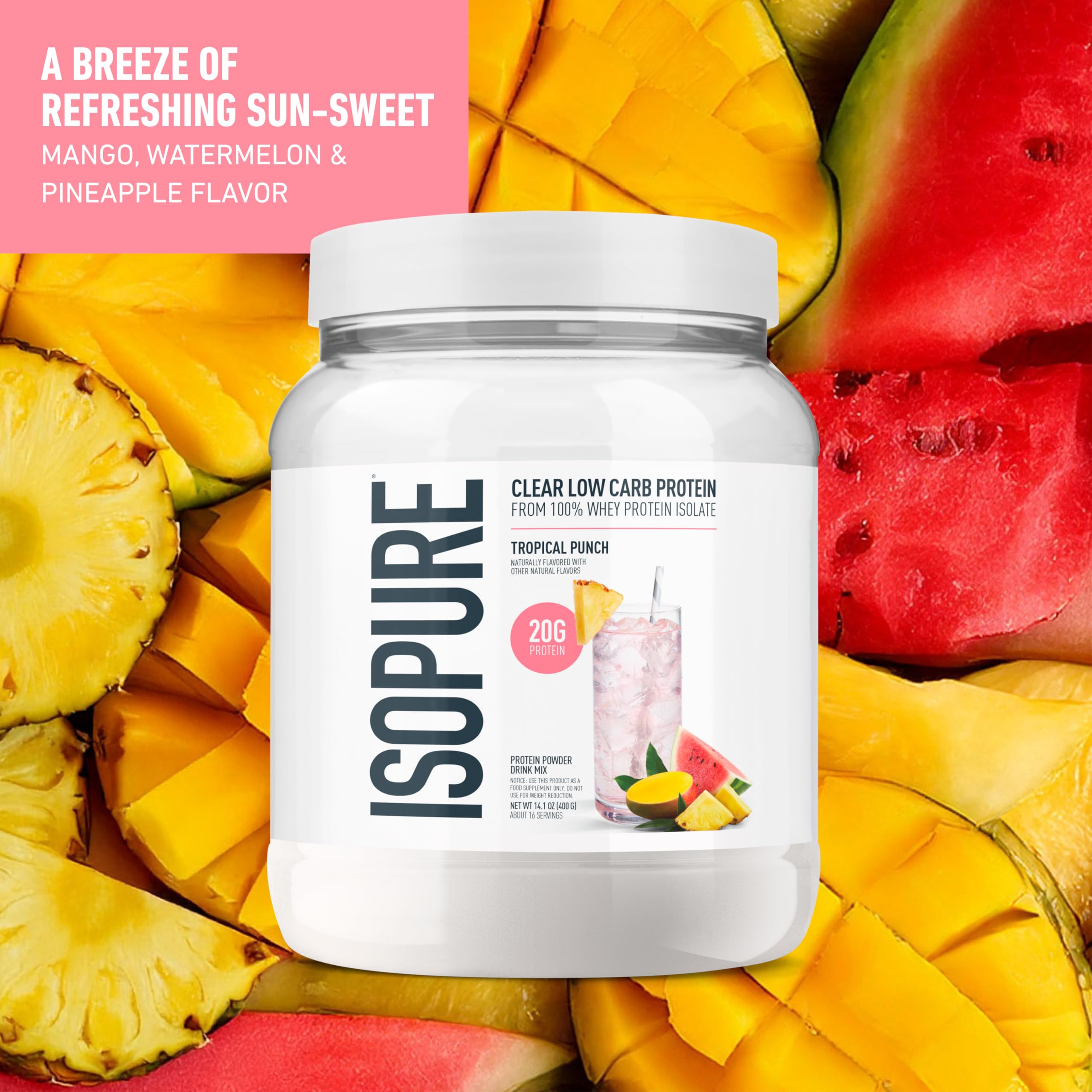 Isopure Clear Whey Isolate Protein Powder, Lactose Free, Gluten Free, Naturally Flavored, Mixed Berry, 20g Protein Per Serving, 14.1 Oz, 16 Servings (Packaging May Vary)