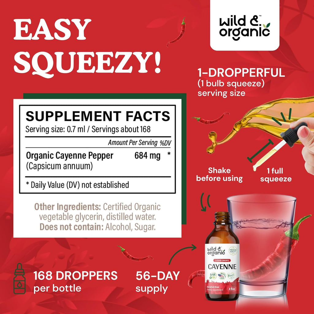 Wild & Organic Cayenne Pepper Tincture - Digestive Support with Capsaicin Extract - Cayenne Pepper Liquid Drops for Overall Well-Being - Vegan, Sugar & Alcohol-Free - 4 fl oz