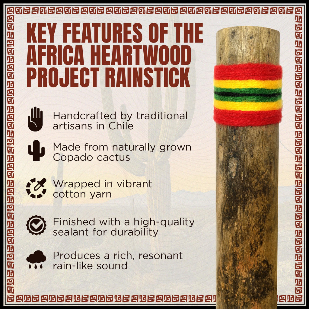 Africa Heartwood Project 20" Cactus Rainstick from Chile - Authentic Handcrafted Rain Stick Musical Instrument with Colored Yarn Wrap and Durable Sealant (Random Color)