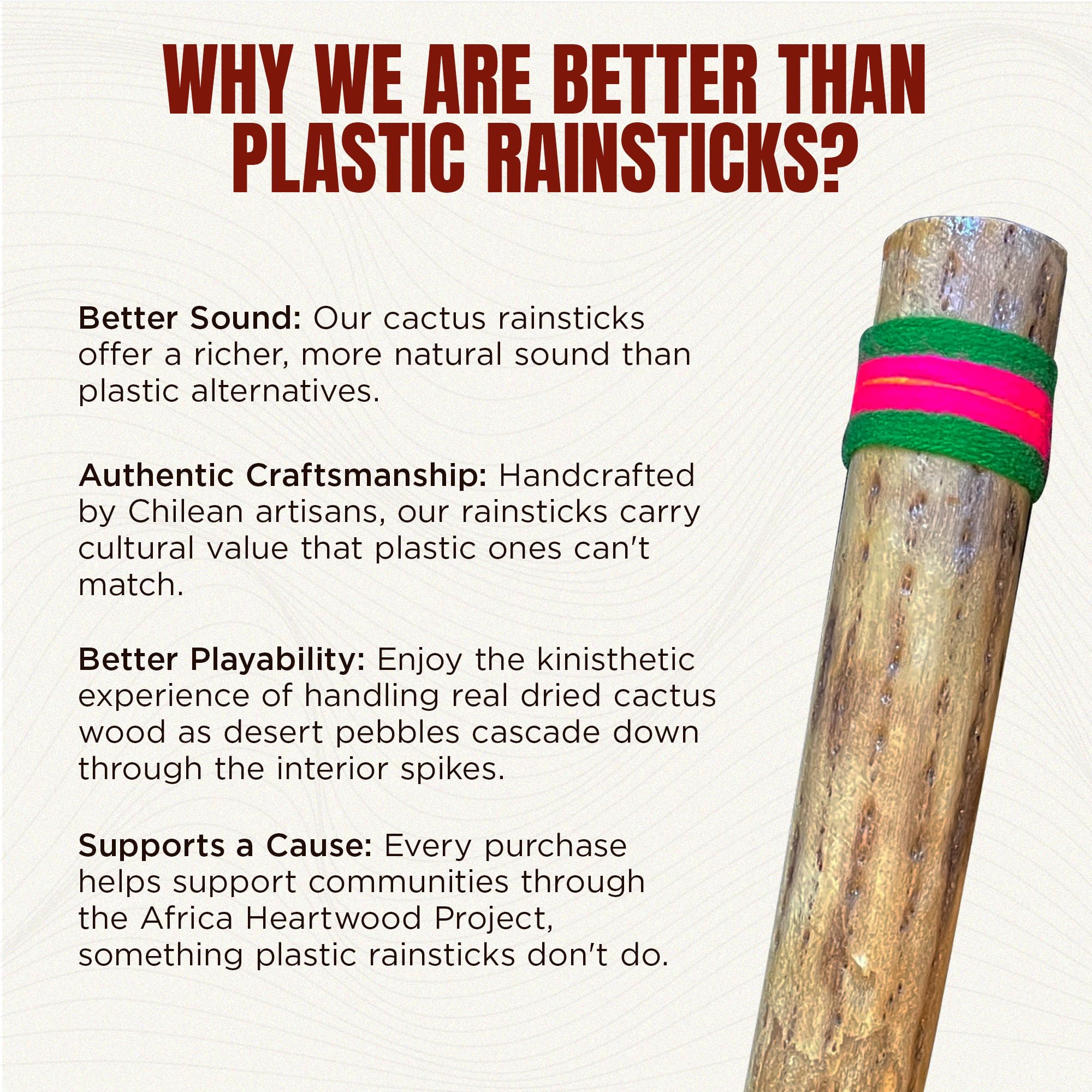 Africa Heartwood Project 20" Cactus Rainstick from Chile - Authentic Handcrafted Rain Stick Musical Instrument with Colored Yarn Wrap and Durable Sealant (Random Color)