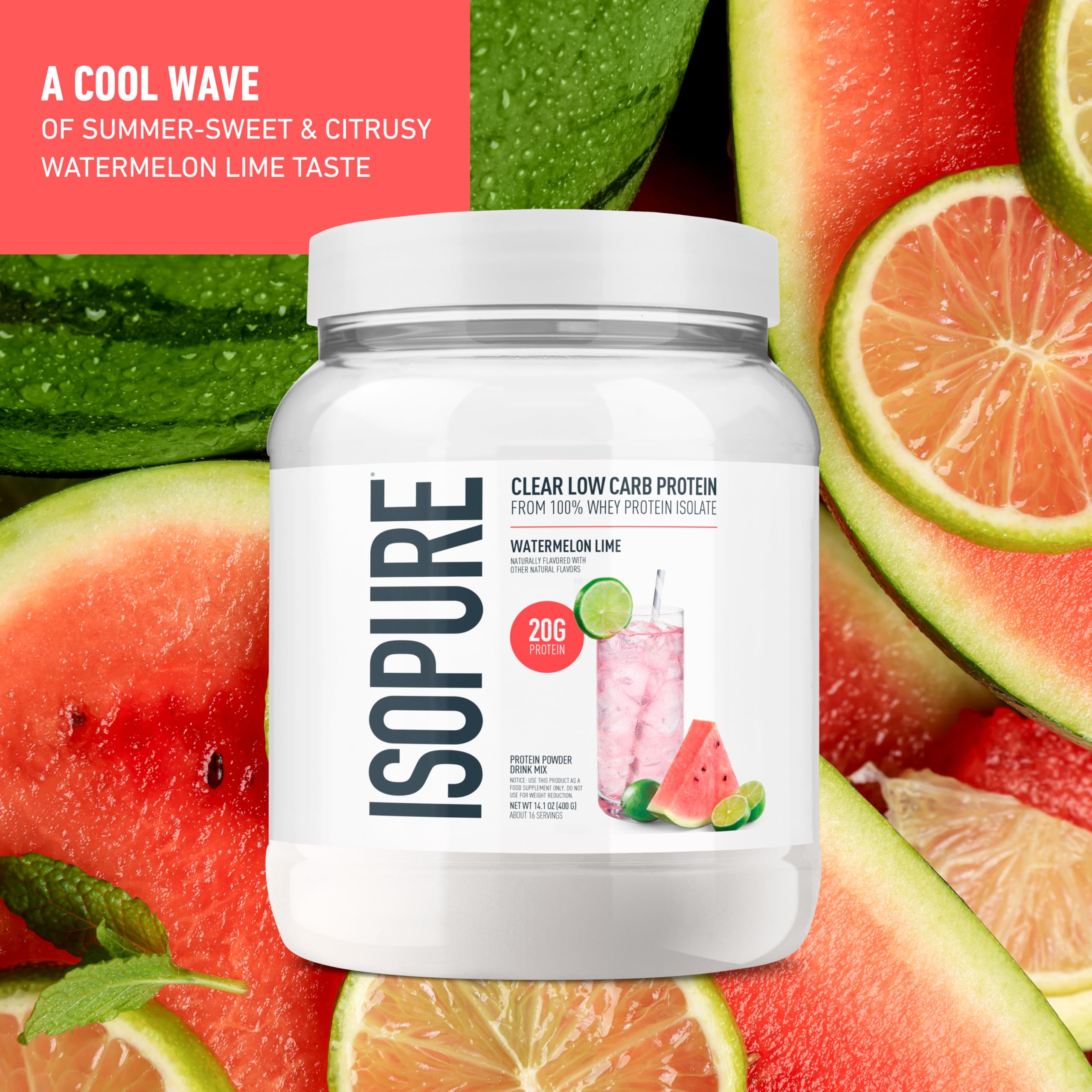 Isopure Clear Whey Isolate Protein Powder, Lactose Free, Gluten Free, Naturally Flavored, Mixed Berry, 20g Protein Per Serving, 14.1 Oz, 16 Servings (Packaging May Vary)