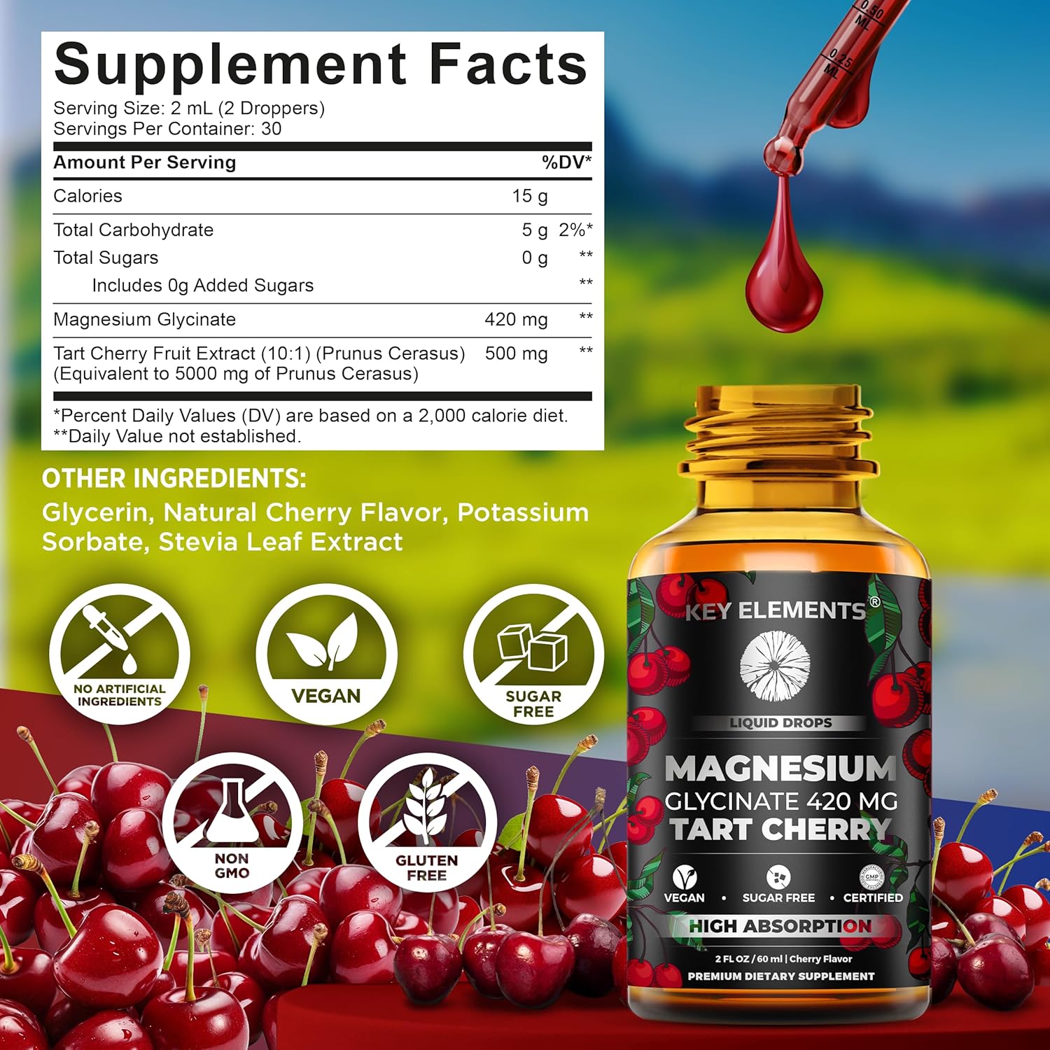 Liquid Magnesium Glycinate 420 Mg with Natural Tart Cherry Extract | Magnesium Glycinate Drops Supplement for Sleep, Mood & Mobility Support | Tart Cherry Extract
