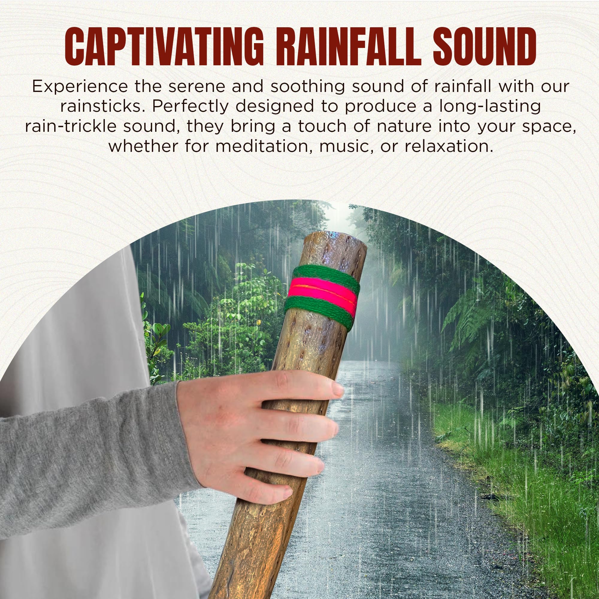 Africa Heartwood Project 20" Cactus Rainstick from Chile - Authentic Handcrafted Rain Stick Musical Instrument with Colored Yarn Wrap and Durable Sealant (Random Color)