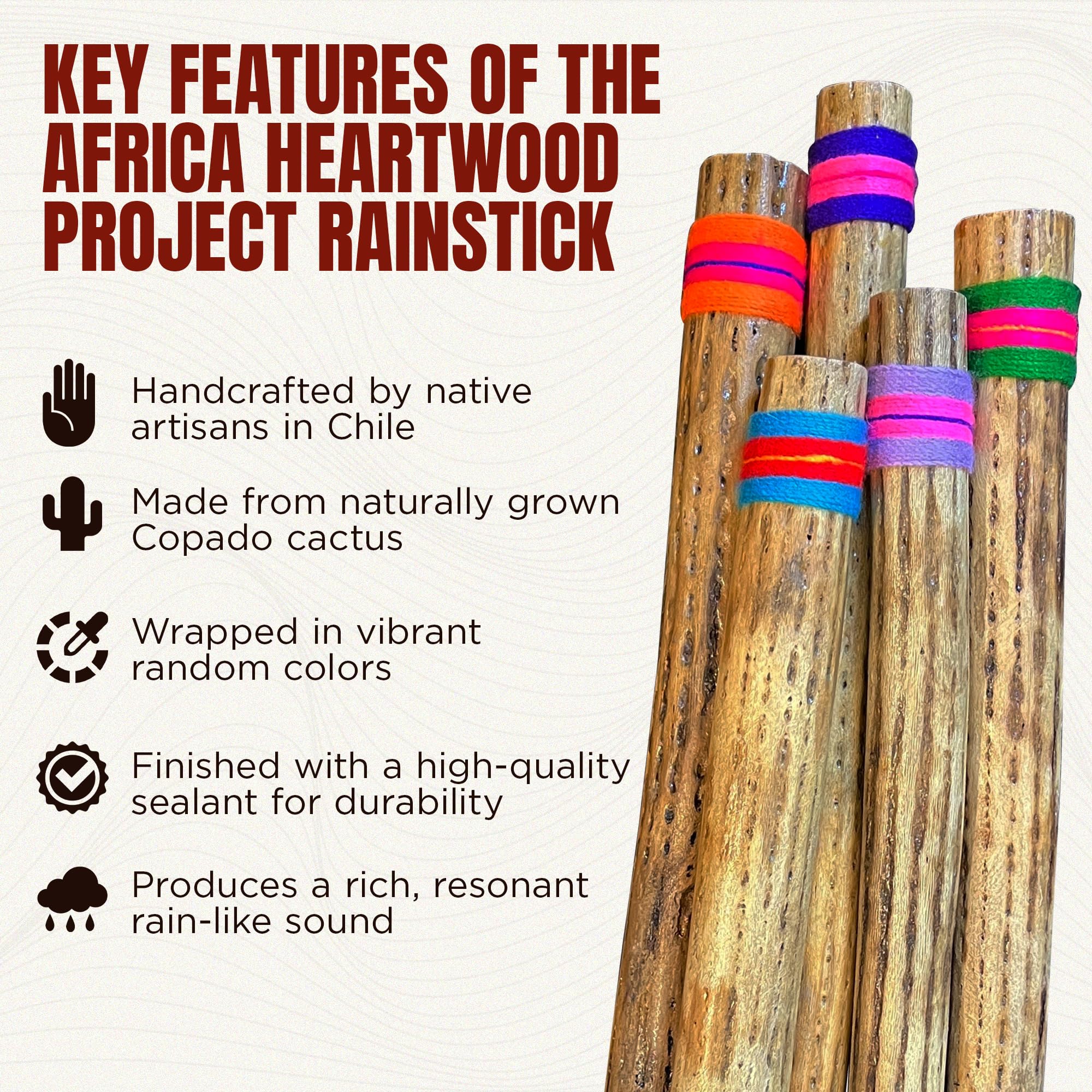 Africa Heartwood Project 20" Cactus Rainstick from Chile - Authentic Handcrafted Rain Stick Musical Instrument with Colored Yarn Wrap and Durable Sealant (Random Color)